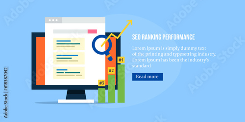 SEO ranking page on computer screen, search engine optimization and ranking data analysis, web banner.