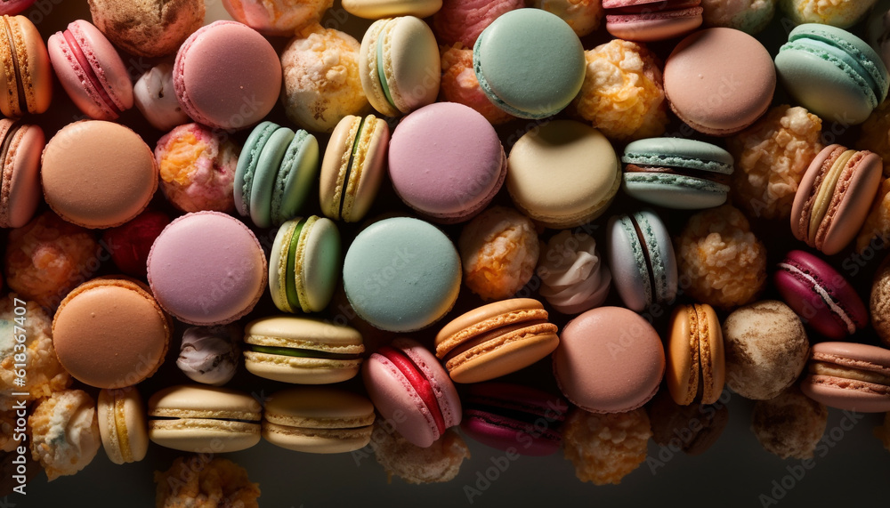 Multi colored macaroons stacked high, a gourmet indulgence generated by AI