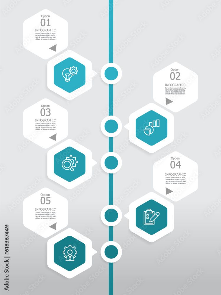 vertical round hexagon steps timeline infographic element report background with business line icon 5 steps