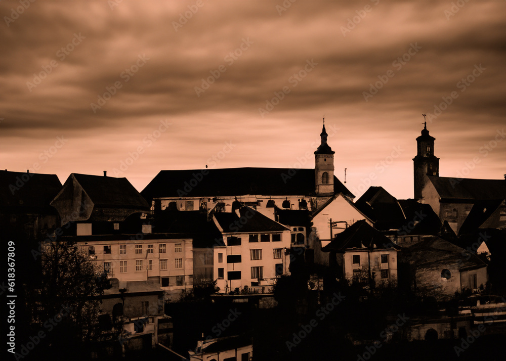 Fototapeta premium abstract european old town at sunset created with generative ai technology