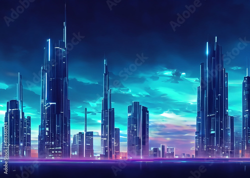 abstract futuristic modern cityscape skyscaper line at night during sunset created with generative ai technology