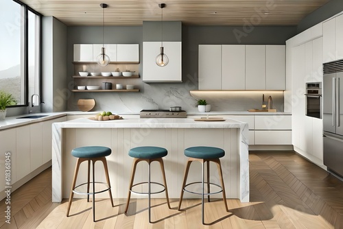 Kitchen interior with wooden floors  marble countertops and white cabinets with built-in appliances. A marble bar stands with stools in the foreground. 3d rendering mock up sid.