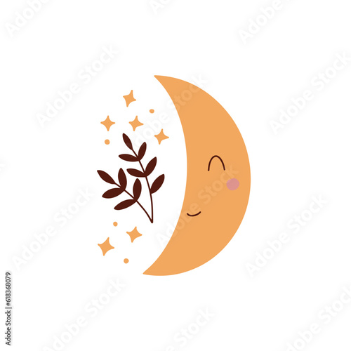 Decoration of a children's room in boho style. Cute hand drawn moon for boy and girl. Vector illustration perfect for cards, invitations, posters.