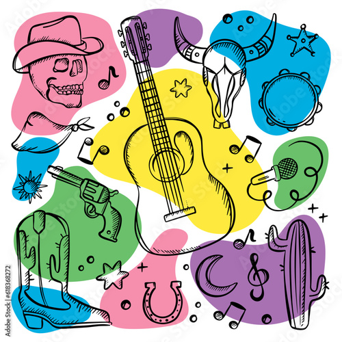COUNTRY FEST SYMBOLISM American Western Holiday Monochrome Doodle Cowboy And Music Attributes With Bright Colorful Spots Vector Illustration Collection