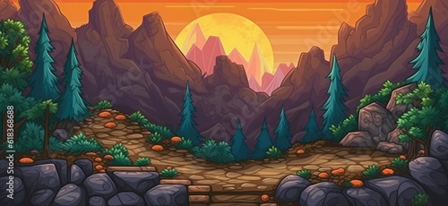 The terrain with rugged dirt paths and steep slopes game background , pixel art, generative ai photo