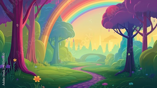mystical rainbow forest, sparkling raindrops, a shimmering rain, cartoon illustration, generative ai