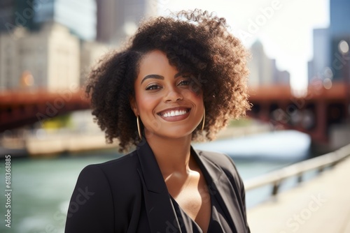 Confident elegant beautiful smiling businesswoman smiles at a Riverwalk, dressed in a stylish suit