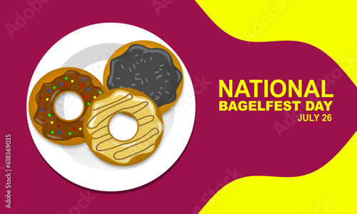 3 donuts and a bagel with different toppings on a white plate. A bagel is a bread roll originating in the Jewish communities of Poland commemorating NATIONAL BAGELFEST DAY
