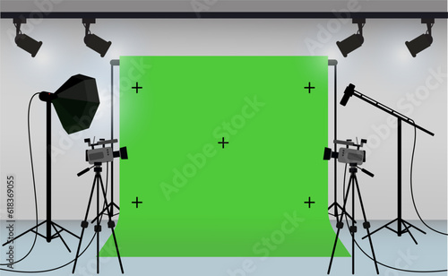 green screen studio interior with umbrella softbox godox, floodlight kit and camera studio, Movie production set isolated in white