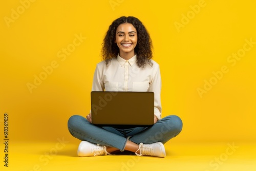 Smiling attractive young woman sitting on the floor with her legs crossed holding a laptop computer © Adriana