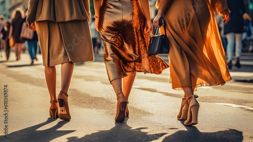 group of fashion women walking on the street focus on shoes created with Generative AI 