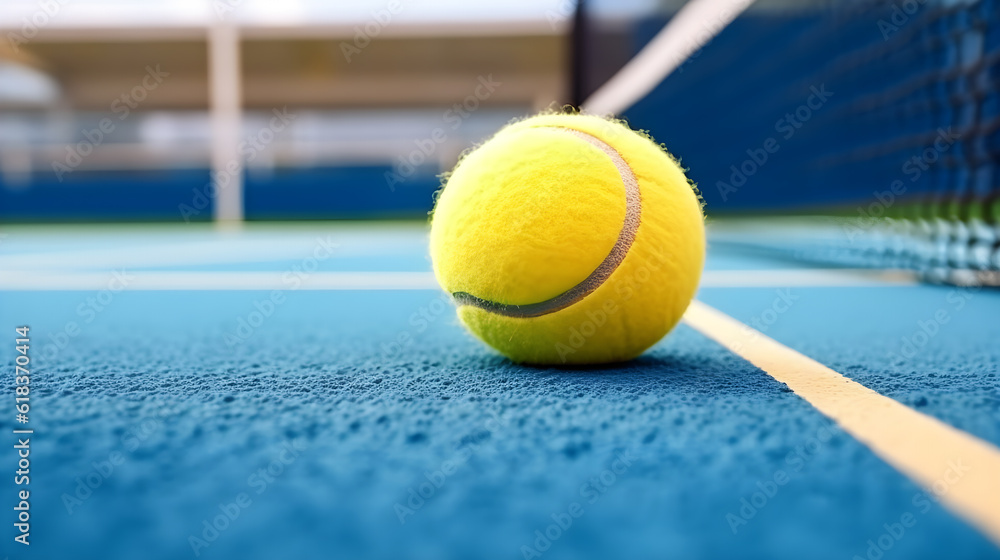 closeup of tennis at blue court created with Generative AI  