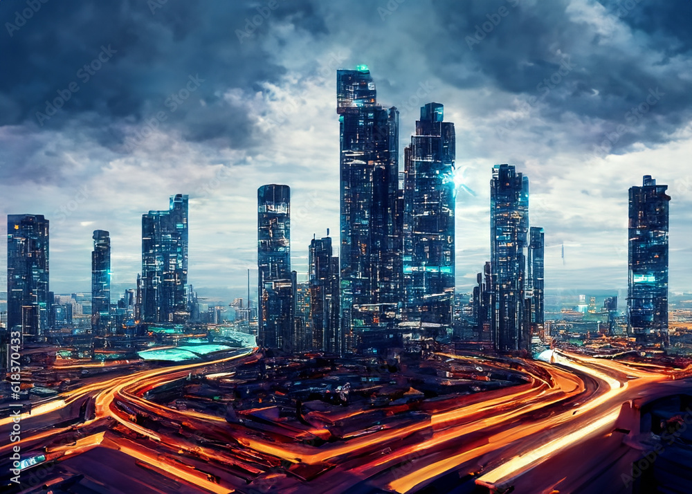 Fototapeta premium abstract futuristic modern cityscape skyscaper line at night during sunset created with generative ai technology