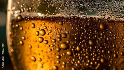 Golden bubbles reflect rain on beer glass generated by AI