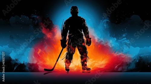 Black silhouette against hockey player  the background of fire and ice. Generative AI.