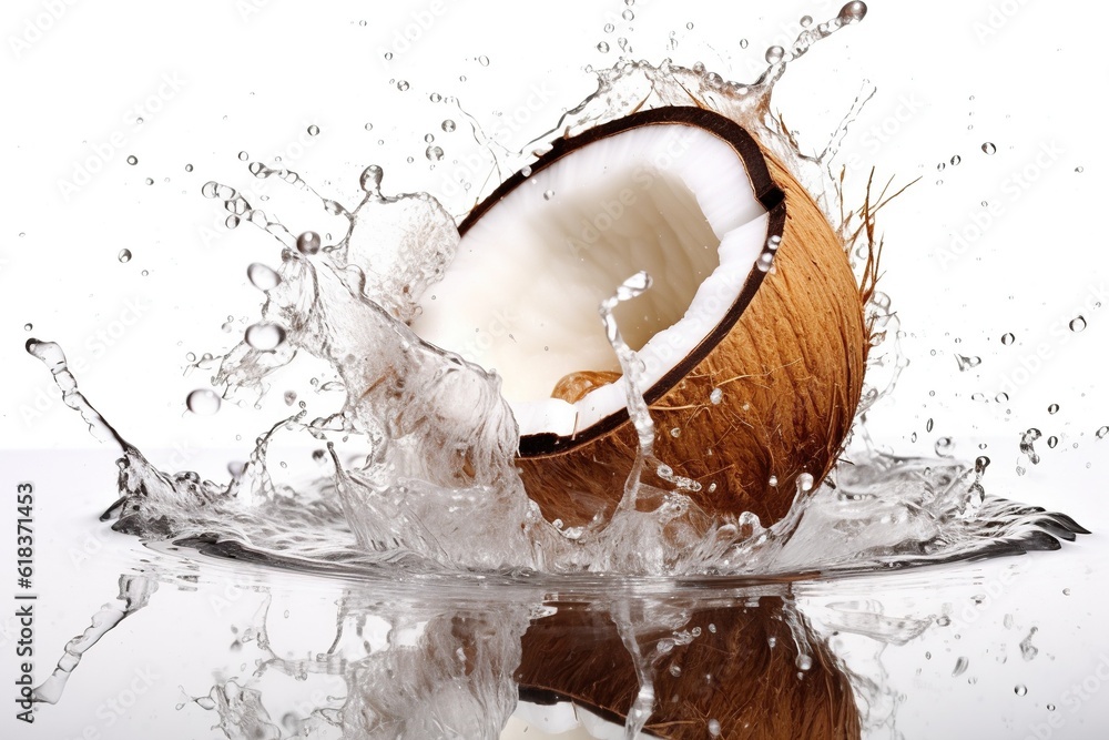 Coconut and water splash. Generative AI. Coconut and water splash. Generative AI.