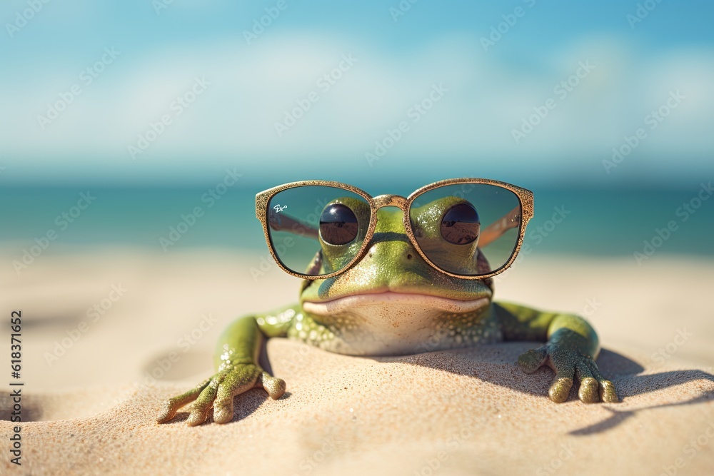 Obraz premium Frog lying on a sunny beach. Generative AI.