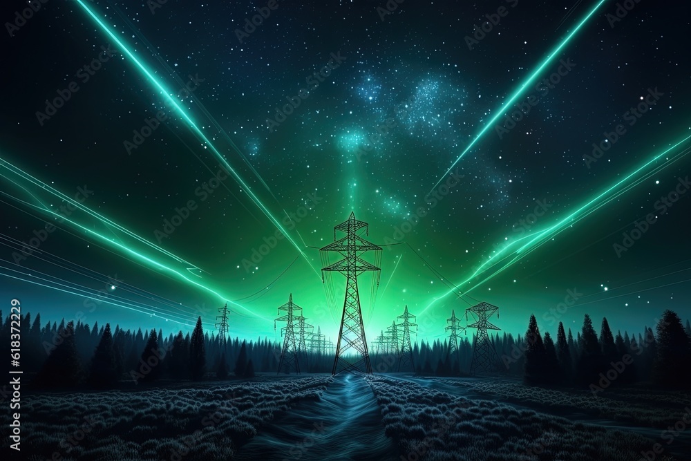 Overhead Electricity Transmission Lines with Digital Visualization of Electricity. Generative AI.