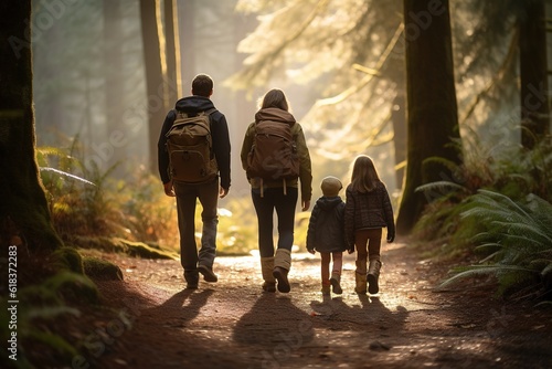 A family hiking through a forest. Generative AI.