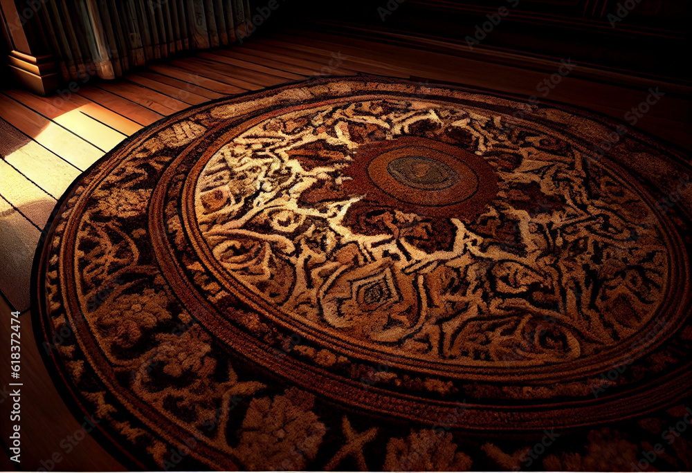 Persian Carpet Texture, abstract ornament. Round mandala pattern, Middle Eastern Traditional Carpet Fabric Texture in living room.