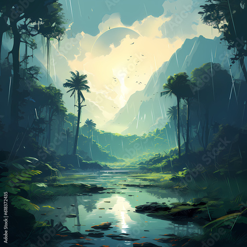 Rain Forest River Landscape Illustration