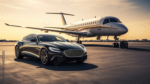 Luxury car and private jet on the runway. Business class service at the airport. Generative AI. © Bargais