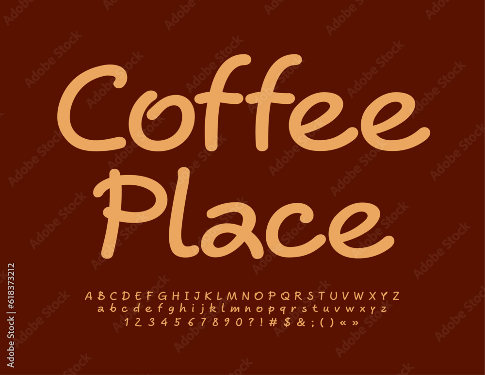 Vector artistic logo Coffee Place. Creative set of Alphabet Letters, Numbers and Symbols. Modern handwritten Font
