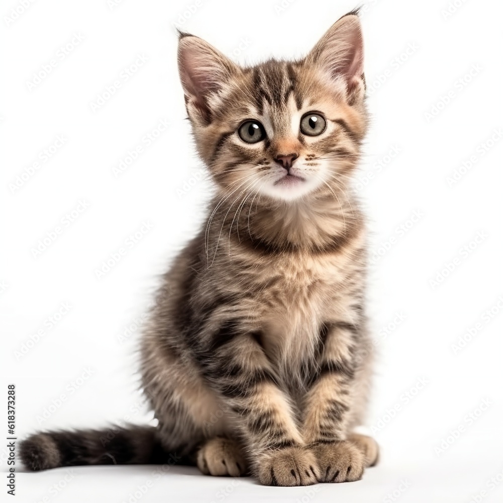 Little kitten isolated on white background. Tabby cat baby. Generative ai