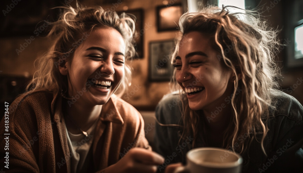 Two young women sitting, laughing, enjoying coffee together generated by AI