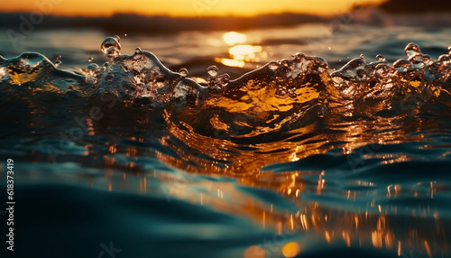 Sunset wave splashing on tranquil water surface generated by AI