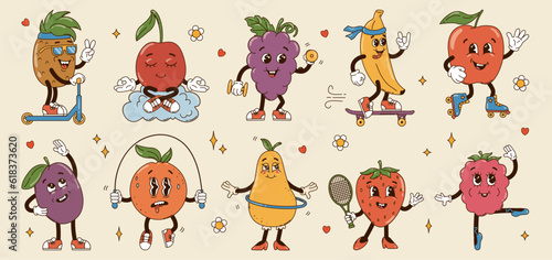 Set isolated different sportive fruits groovy characters in gloves in flat retro classic cartoon style on white background. Illustration for your design, print, card, poster, stickers