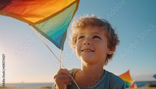 Smiling child holds kite, enjoying carefree summer generated by AI