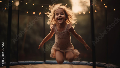 Cute blond girl jumping, dancing, and smiling joyfully generated by AI