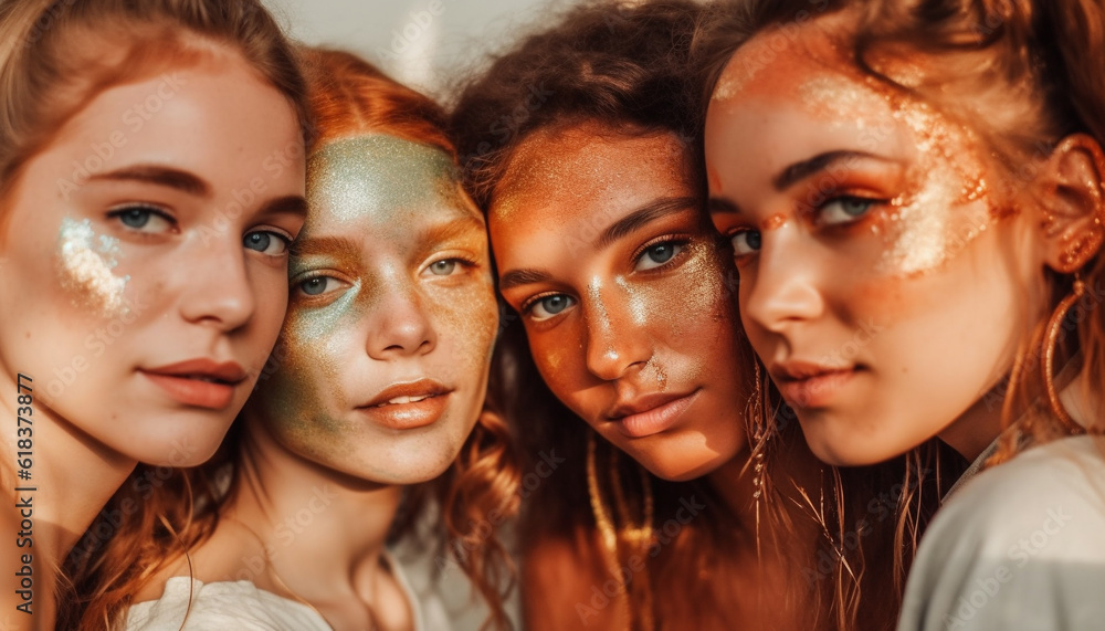 Young women smiling, enjoying summer outdoors together generated by AI Young women smiling, enjoying summer outdoors together generated by AI