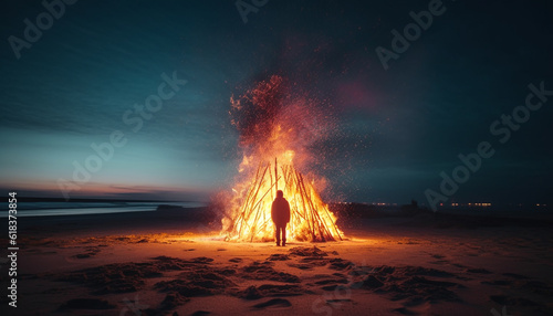 Silhouette of one person standing by bonfire generated by AI