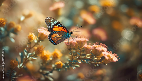 Vibrant butterfly pollinates yellow flower in summer generated by AI