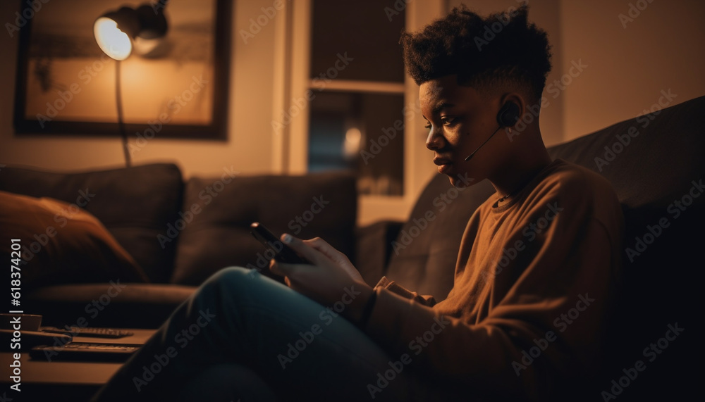 Fototapeta premium Young adult man enjoying wireless headphones indoors generated by AI