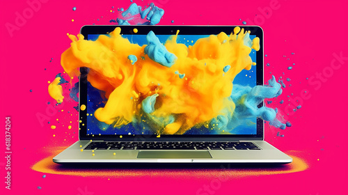 Laptop computer with exploding ink and powder 3D concept - Generative Ai