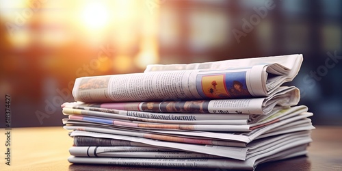 Pile of newspapers on blur background. Generative AI image