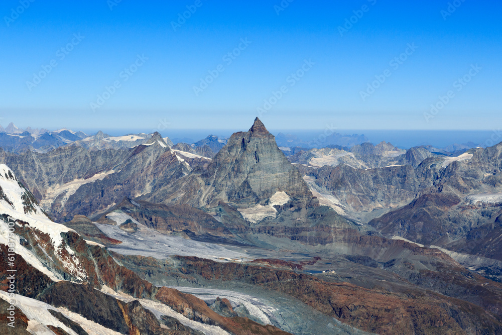 Panorama view with mountain Matterhorn in Pennine Alps, Switzerland