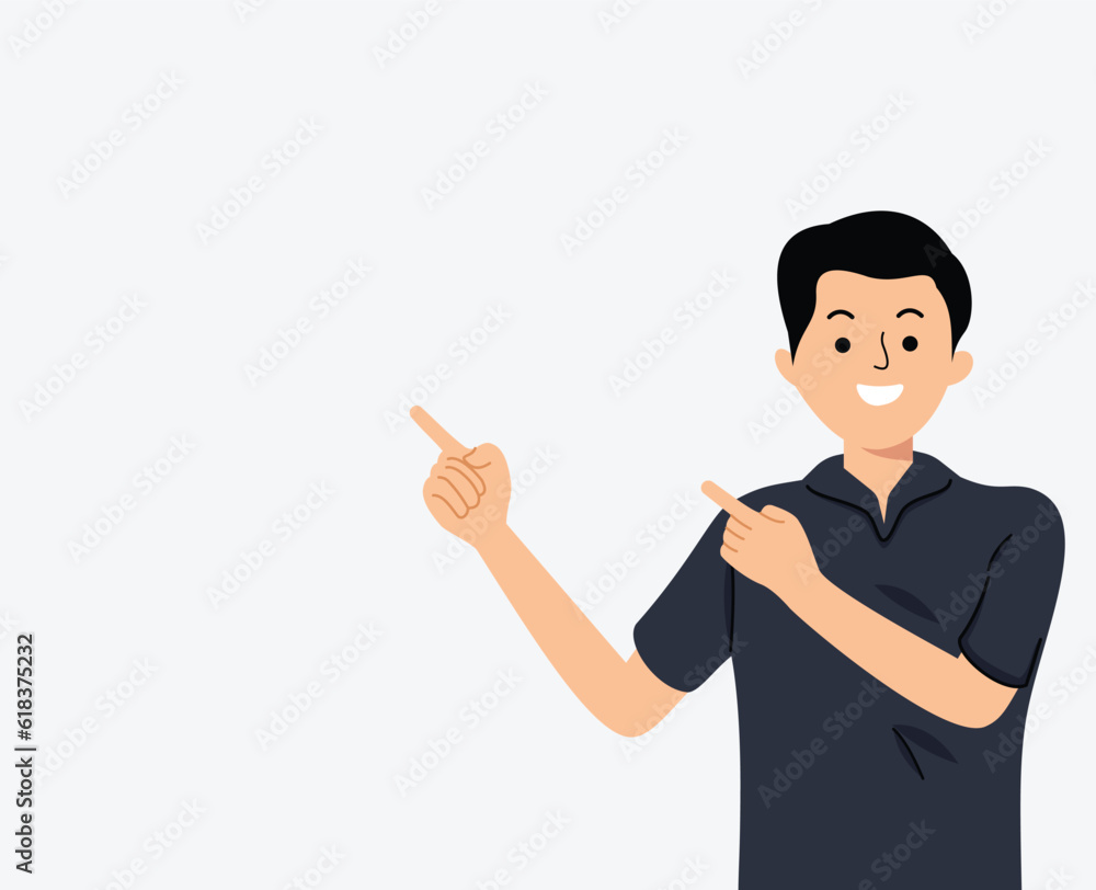 young man casual pointing upper left corner young man casual pointing upper left corner