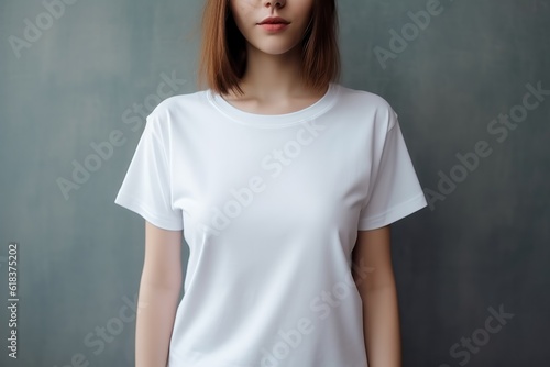 Woman wearing blank white t-shirt without face. Generative AI © Denis