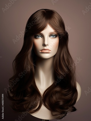 Portrait of female mannequin with long brown hair. Brunette wig studio shot