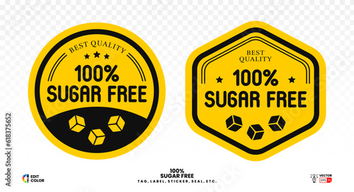 100 percent sugar free vector. round and pentagon label for food packaging, sticker, seal, sign, tag, emblem, stamp, logo, icon, badge photo