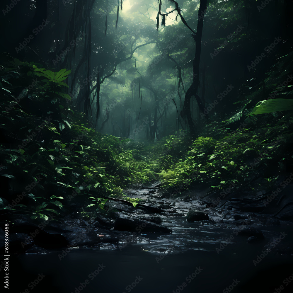 Rain Forest River Landscape Illustration