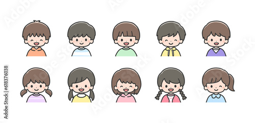 ポジティブな表情の男の子5人と女の子5人のセット