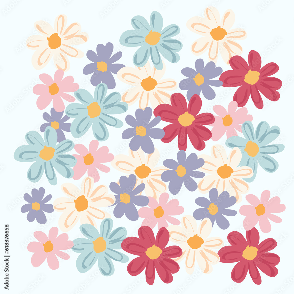 Spring Flower Collection Pretty Pastel Color Flowers Allover Artwork Illustration