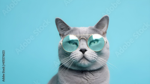 portrait of a cat wearing sun glasses on blue background created with Generative AI  © kimly