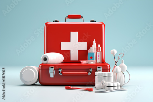 Medical equipment First Aid Kit 3D cartoon style. Medical concept. Generative AI photo