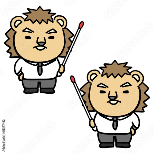 指示棒を持って説明するライオンのキャラクター
